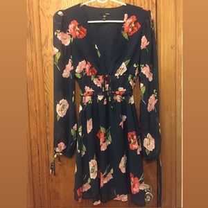 AQUA Navy Floral Long Sleeve Dress